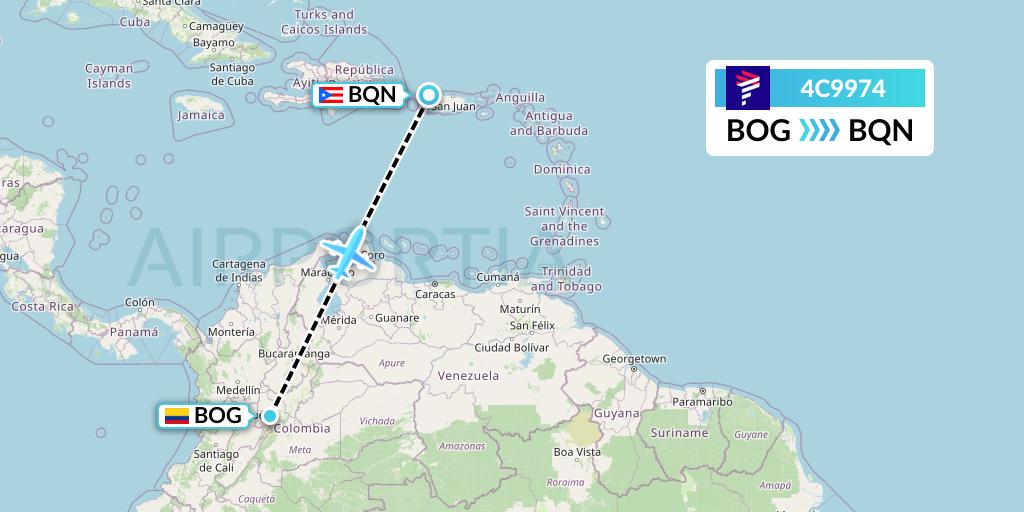 4C9974 LATAM Airlines Colombia Flight Map: Bogota to Aguadilla