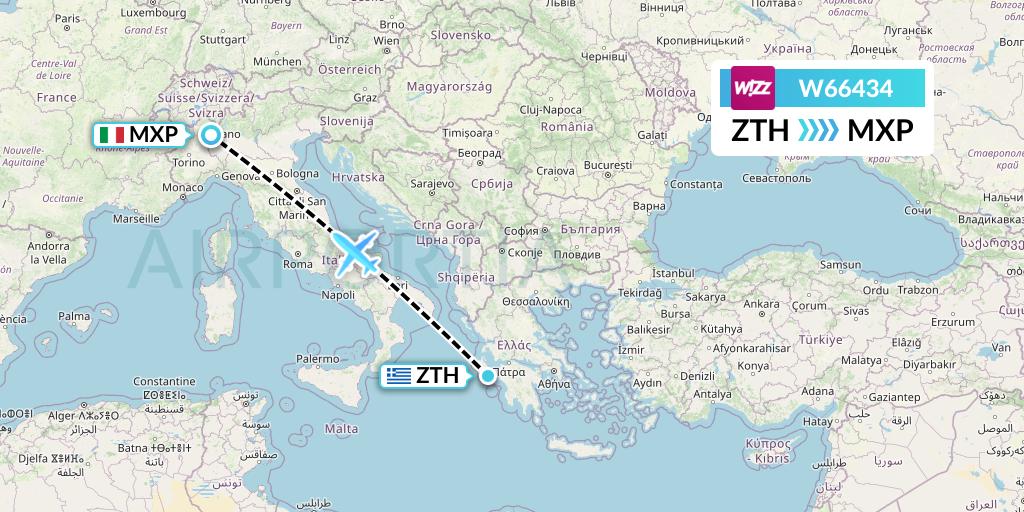 W66434 Wizz Air Flight Map: Zakynthos to Milan