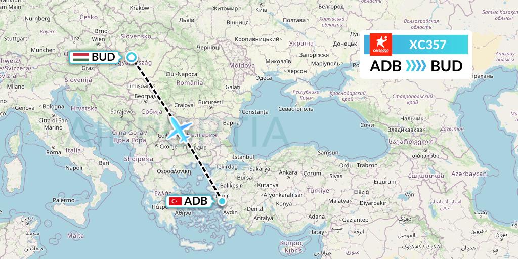 XC357 Corendon Airlines Flight Map: Izmir to Budapest