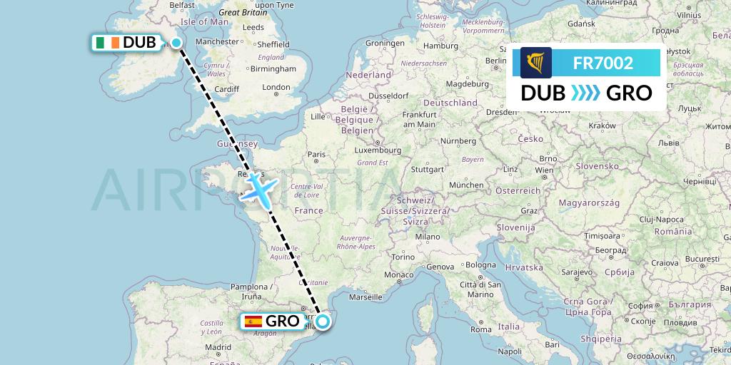 FR7002 Ryanair Flight Map: Dublin to Girona