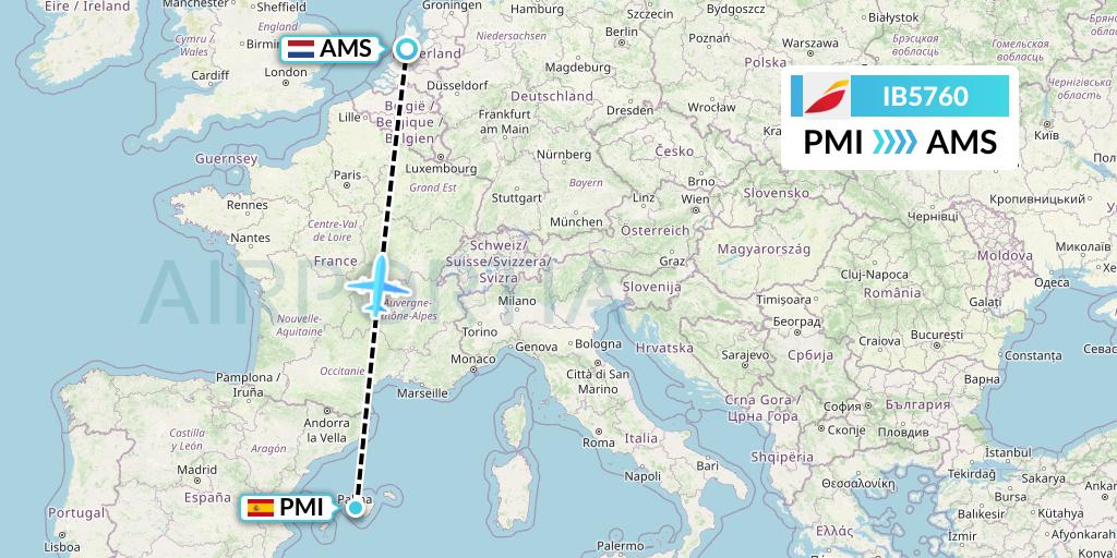 IB5760 Iberia Flight Map: Palma de Mallorca to Amsterdam