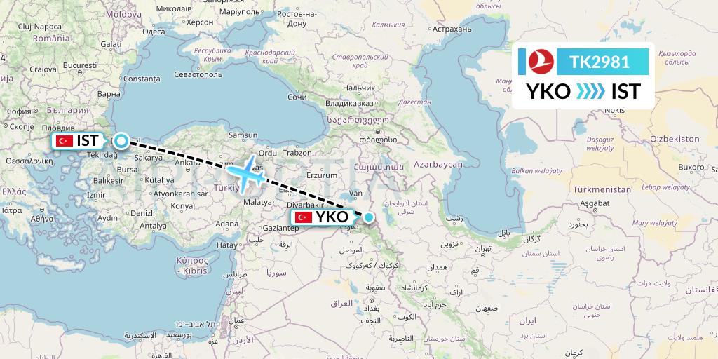 TK2981 Turkish Airlines Flight Map: Sirnak to Istanbul