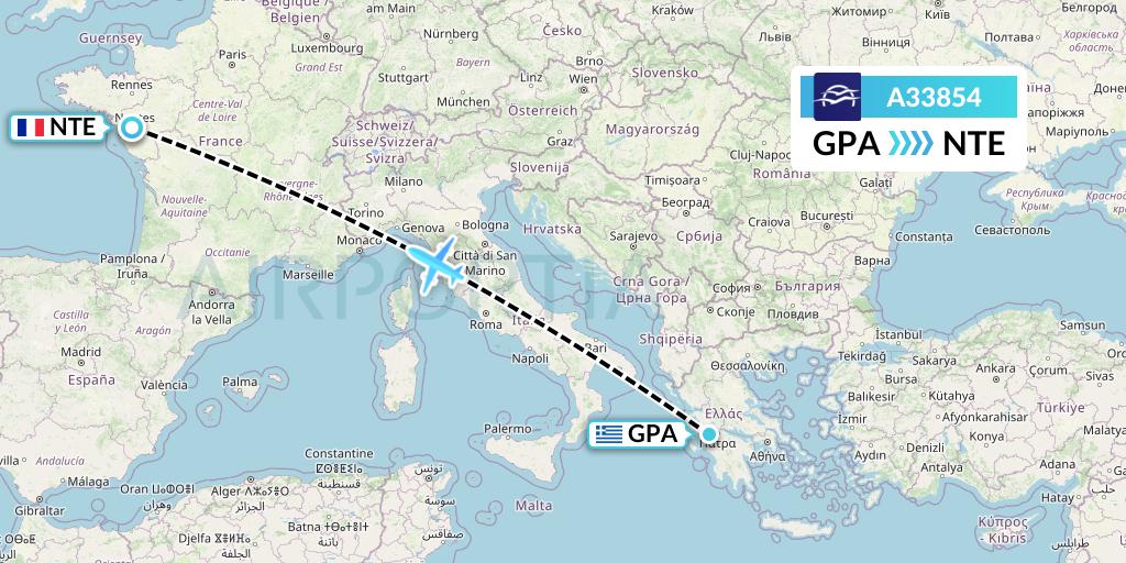 A33854 Aegean Airlines Flight Map: Patras to Nantes