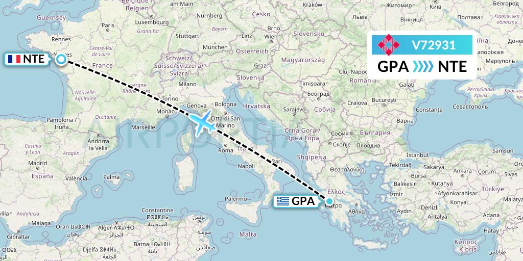 V72931 Volotea Flight Map: Patras to Nantes