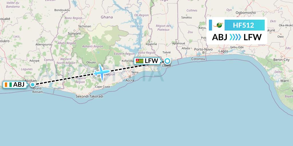 HF512 Air Cote d'Ivoire Flight Map: Abidjan to Lome