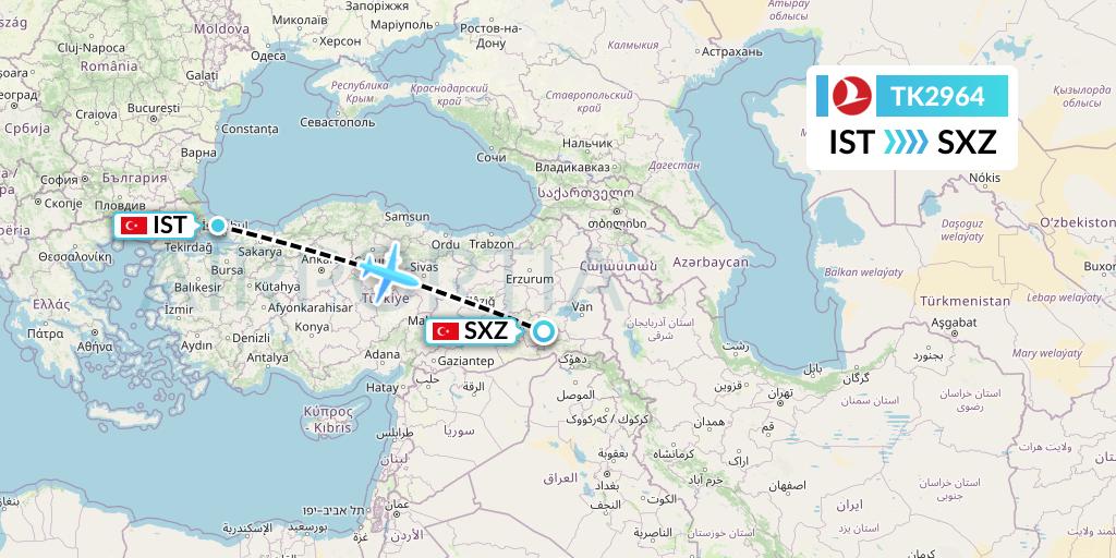 TK2964 Turkish Airlines Flight Map: Istanbul to Siirt