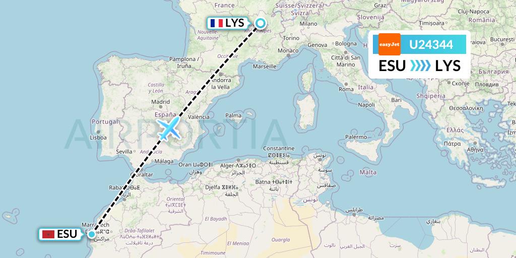 U24344 EasyJet Flight Map: Essaouira to Lyon