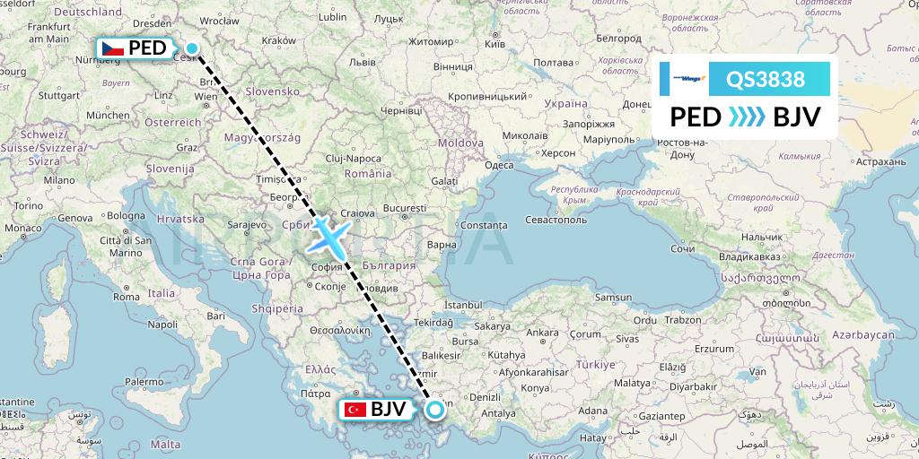 QS3838 Smartwings Flight Map: Pardubice to Bodrum