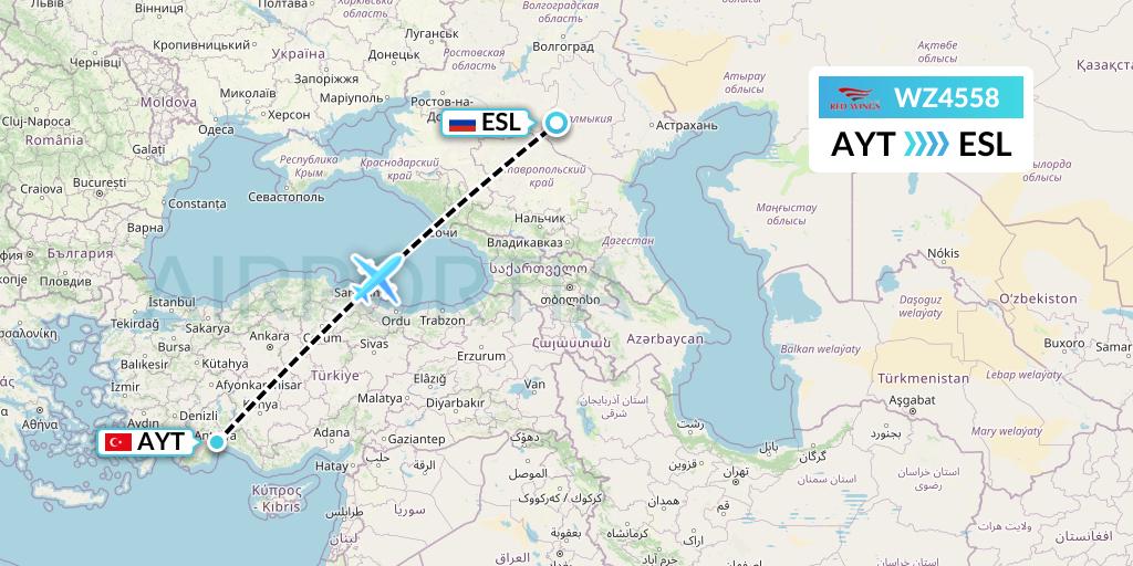 WZ4558 Red Wings Flight Map: Antalya to Elista
