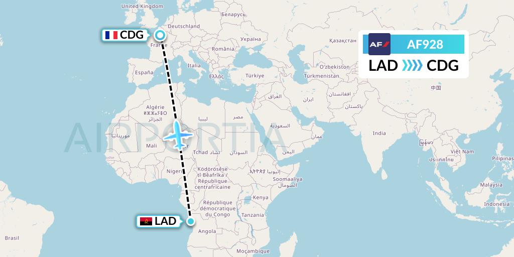 AF928 Air France Flight Map: Luanda to Paris