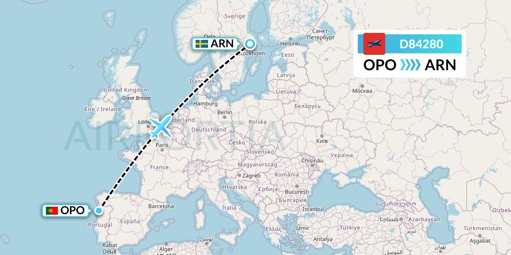 D84280 Norwegian Air International Flight Map: Porto to Stockholm