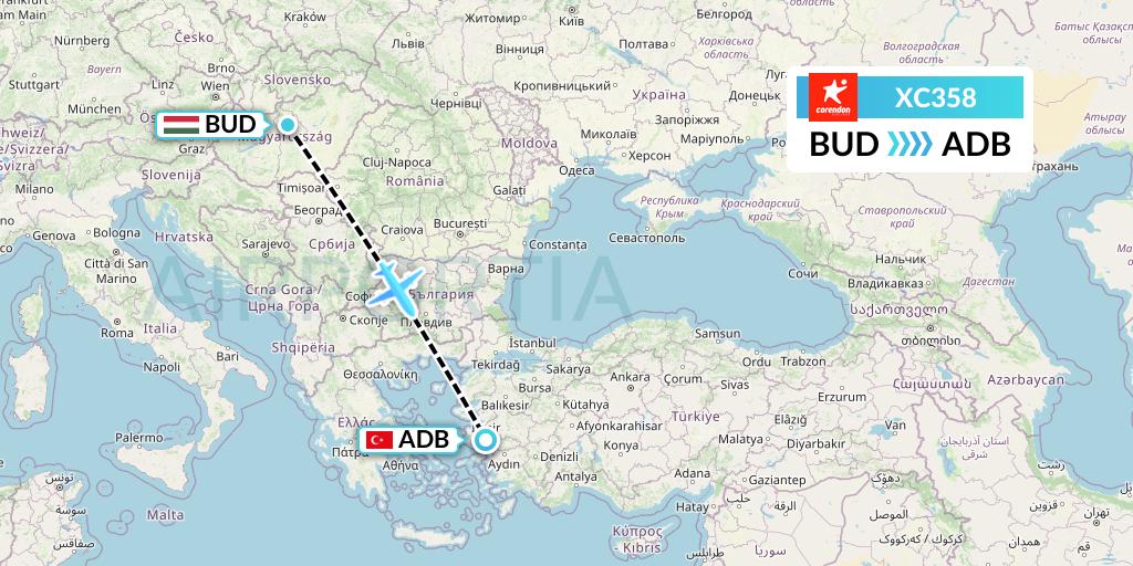 XC358 Corendon Airlines Flight Map: Budapest to Izmir