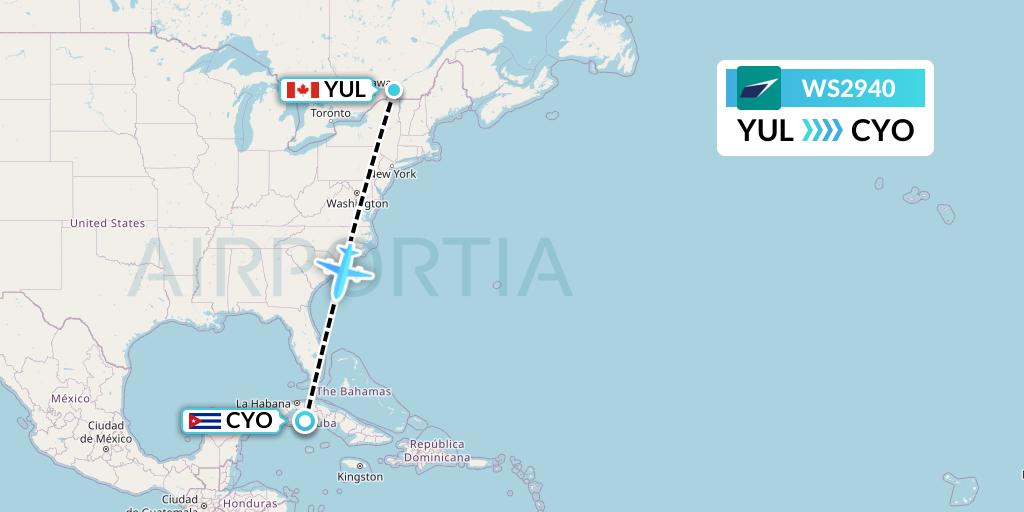 WS2940 WestJet Flight Map: Montreal to Cayo Largo del Sur