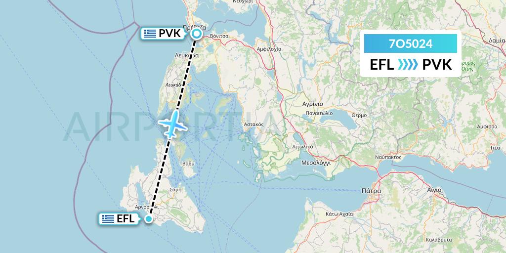 7O5024 Travel Service Hungary Flight Map: Kefalonia to Preveza