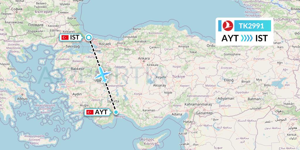 TK2991 Turkish Airlines Flight Map: Antalya to Istanbul