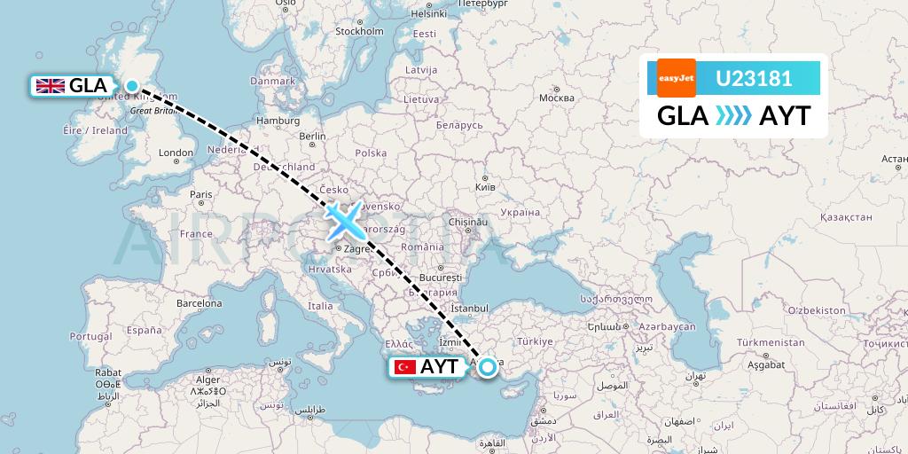 U23181 EasyJet Flight Map: Glasgow to Antalya