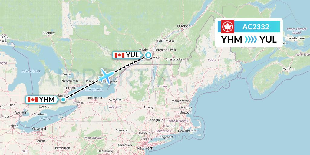 AC2332 Air Canada Flight Map: Hamilton to Montreal