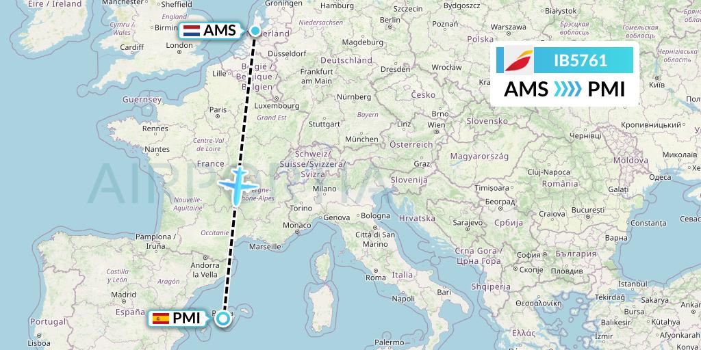IB5761 Iberia Flight Map: Amsterdam to Palma de Mallorca