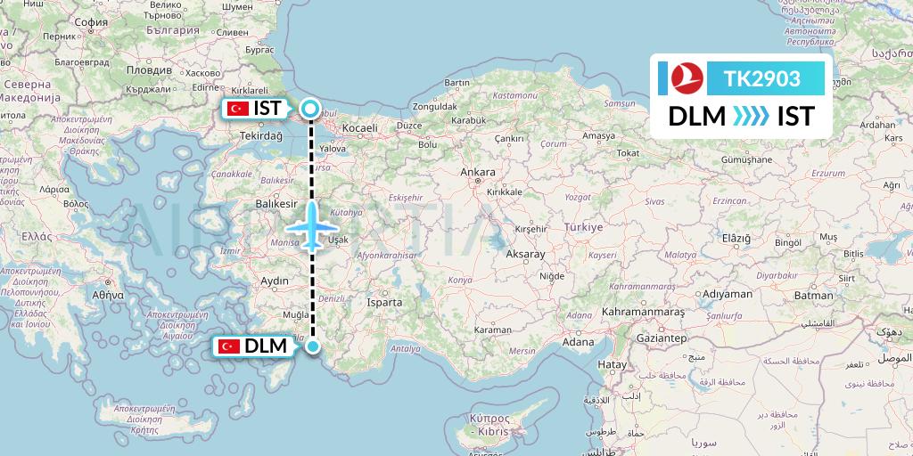 TK2903 Turkish Airlines Flight Map: Dalaman to Istanbul