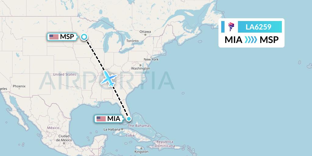 LA6259 LAN Airlines Flight Map: Miami to Minneapolis