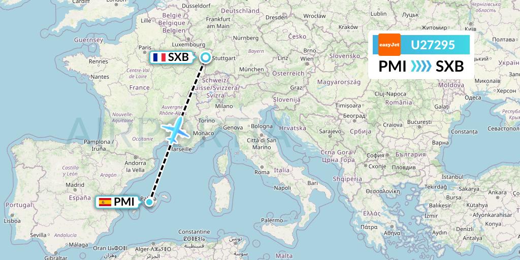 U27295 EasyJet Flight Map: Palma de Mallorca to Strasbourg