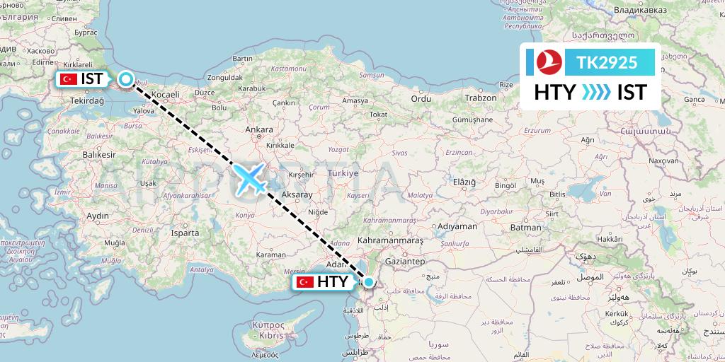 TK2925 Turkish Airlines Flight Map: Antakya to Istanbul