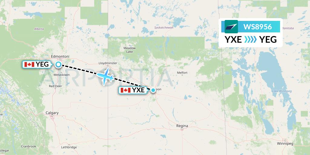WS8956 WestJet Flight Map: Saskatoon to Edmonton