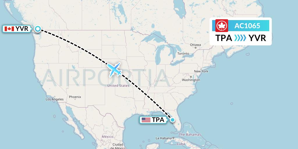 AC1065 Air Canada Flight Map: Tampa to Vancouver