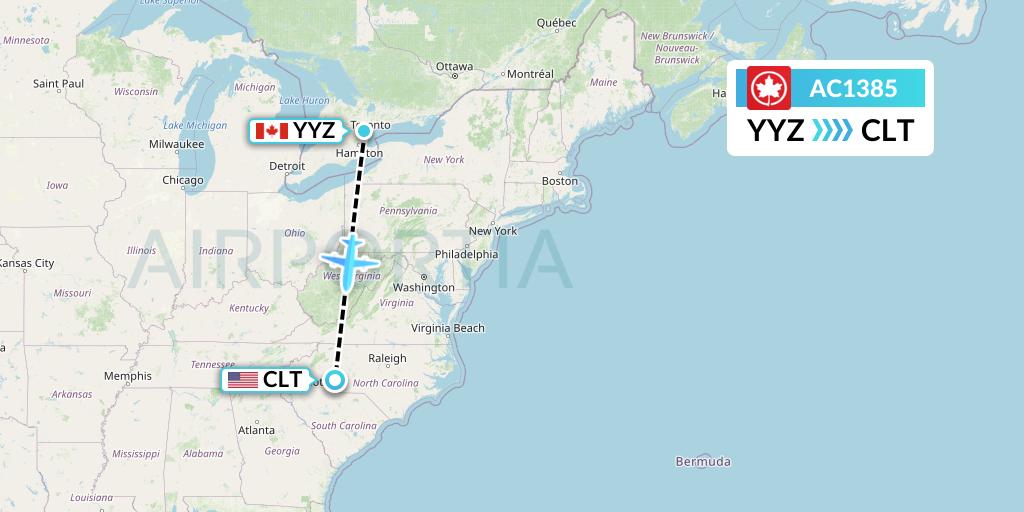 AC1385 Air Canada Flight Map: Toronto to Charlotte