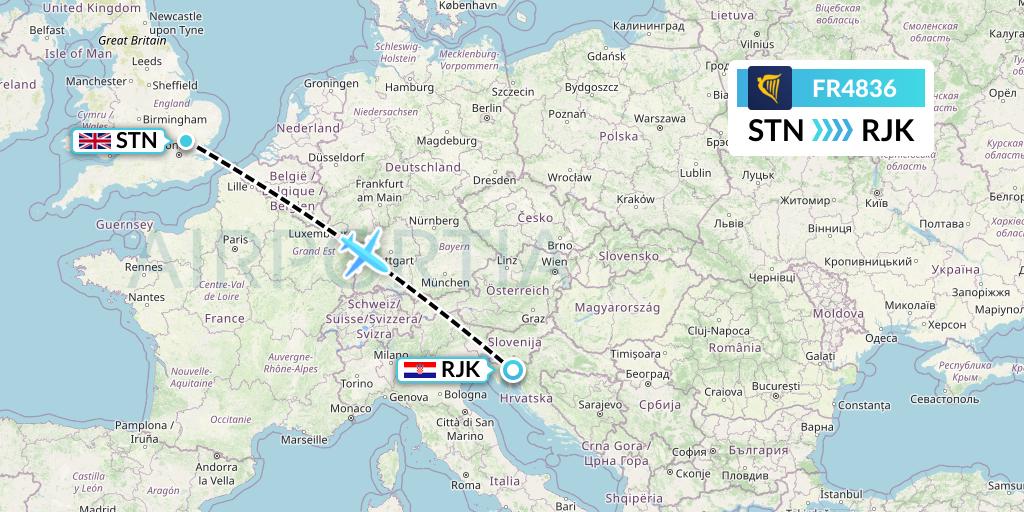 FR4836 Ryanair Flight Map: London to Rijeka