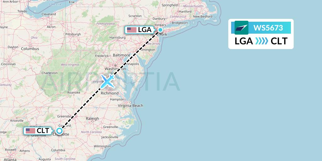WS5673 WestJet Flight Map: New York to Charlotte
