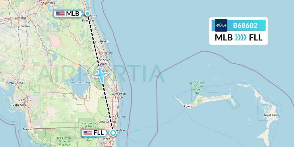 B68602 JetBlue Airways Flight Map: Melbourne to Fort Lauderdale
