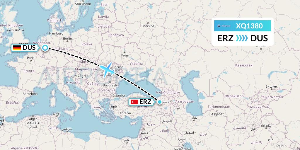 XQ1380 SunExpress Flight Map: Erzurum to Dusseldorf