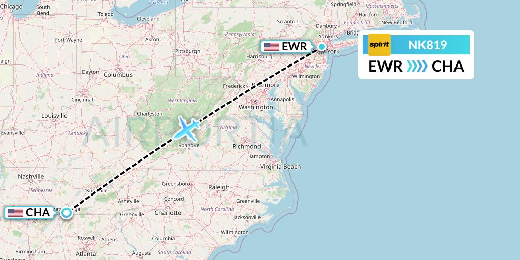 NK819 Spirit Airlines Flight Map: New York to Chattanooga