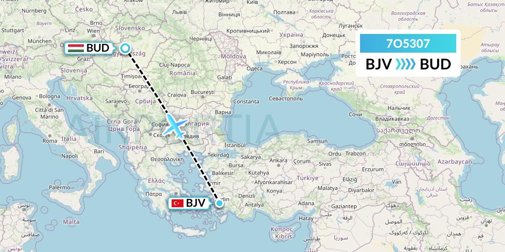 7O5307 Travel Service Hungary Flight Map: Bodrum to Budapest