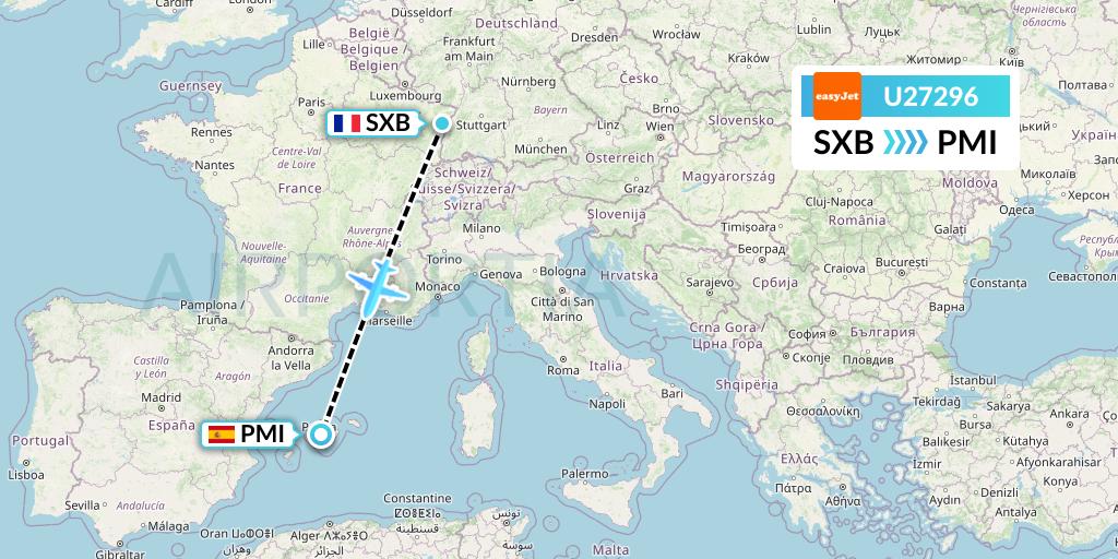 U27296 EasyJet Flight Map: Strasbourg to Palma de Mallorca