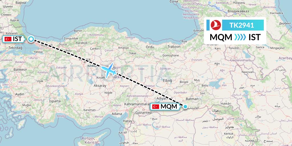 TK2941 Turkish Airlines Flight Map: Mardin to Istanbul