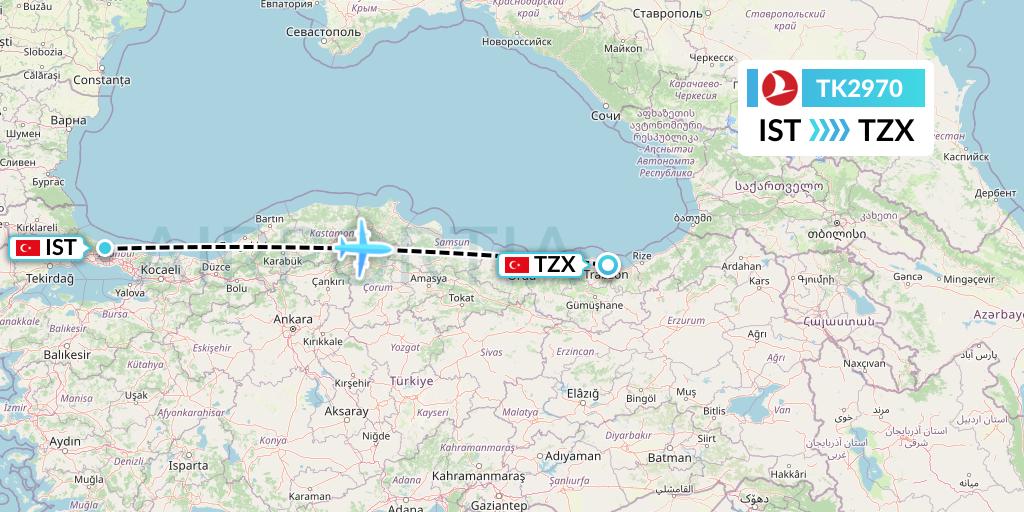 TK2970 Turkish Airlines Flight Map: Istanbul to Trabzon