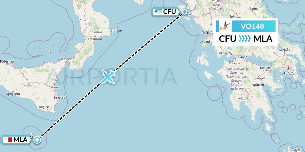 VO148 Voyage Air Flight Map: Corfu to Malta
