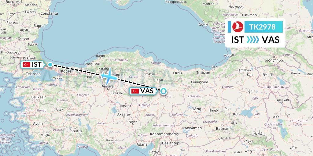 TK2978 Turkish Airlines Flight Map: Istanbul to Sivas