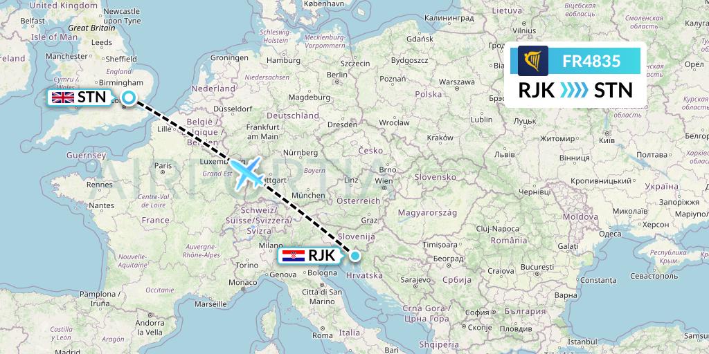 FR4835 Ryanair Flight Map: Rijeka to London