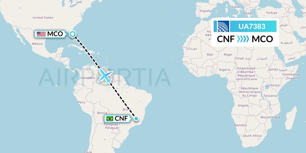UA7383 United Airlines Flight Map: Belo Horizonte to Orlando