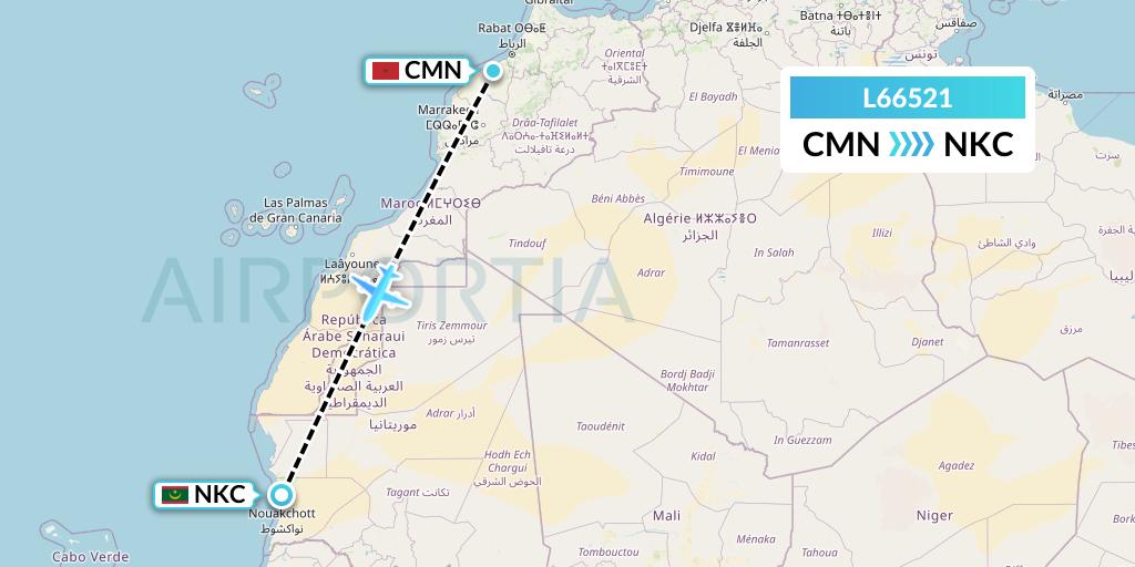 L66521 Mauritania Airlines International Flight Map: Casablanca to Nouakchott