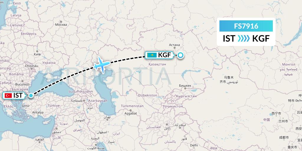 FS7916 Flyr Flight Map: Istanbul to Karaganda