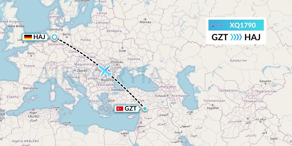 XQ1790 SunExpress Flight Map: Gaziantep to Hannover