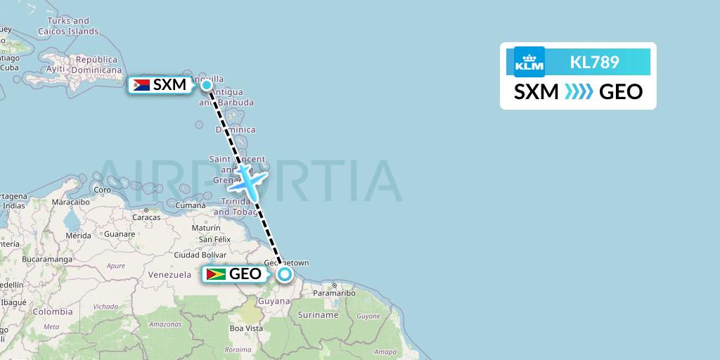 KL789 KLM Flight Map: Sint Maarten to Georgetown