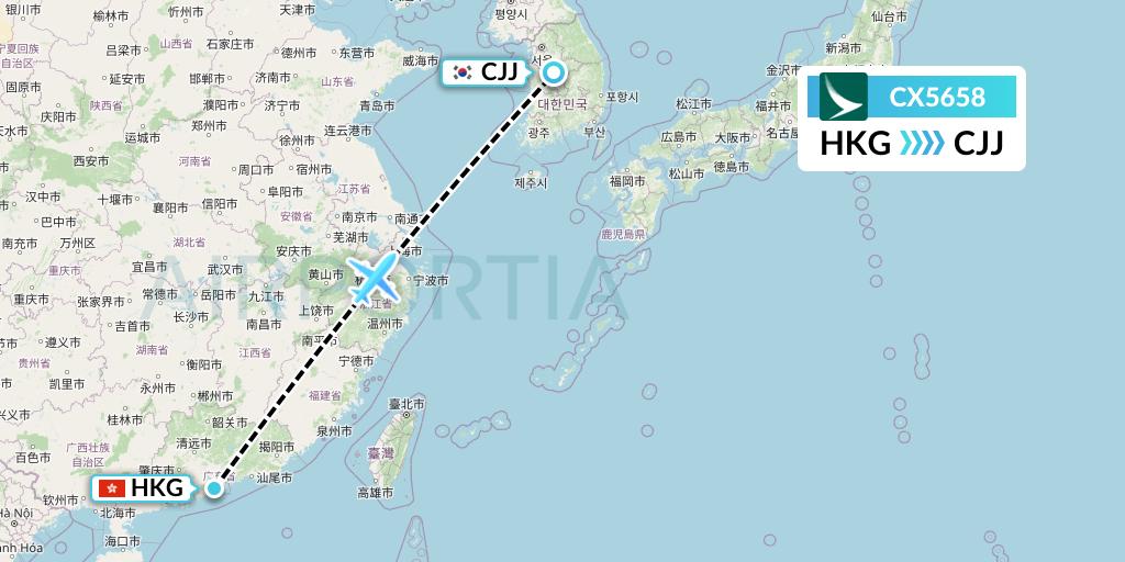 CX5658 Cathay Pacific Flight Map: Hong Kong to Cheongju