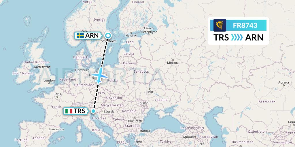 FR8743 Ryanair Flight Map: Trieste to Stockholm