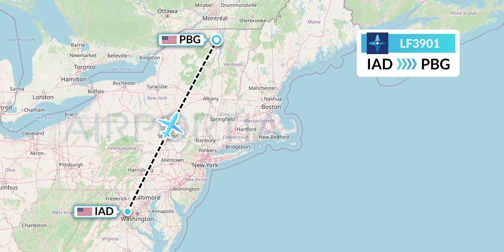 LF3901 Corporate Flight Management Flight Map: Washington to Plattsburgh