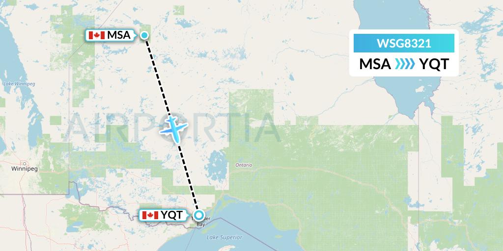 WSG8321 Wasaya Airways Flight Map: Muskrat Dam to Thunder Bay